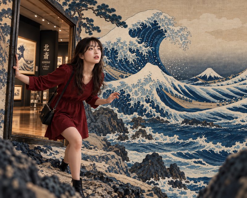 Young woman in a red dress steps from an art gallery through a portal into Hokusai's Great Wave u...