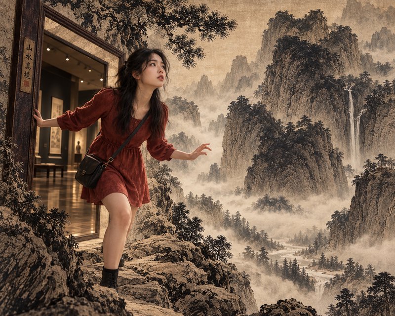 Young woman in red dress steps from art gallery doorway into traditional Chinese ink landscape pa...