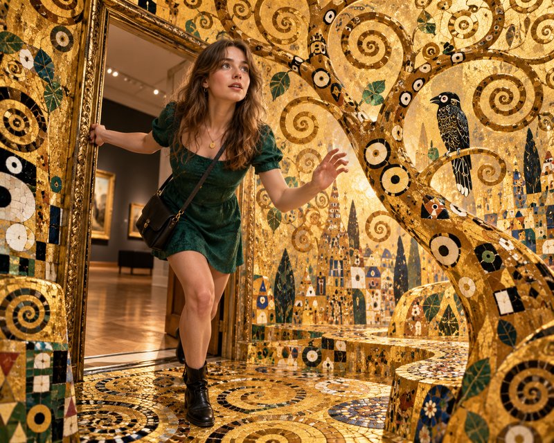 Young woman in green dress steps into opulent golden Klimt-style mosaic art installation in a mus...