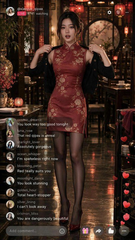 Live stream screenshot of creator posing in embroidered red qipao in a warm traditional Chinese r...