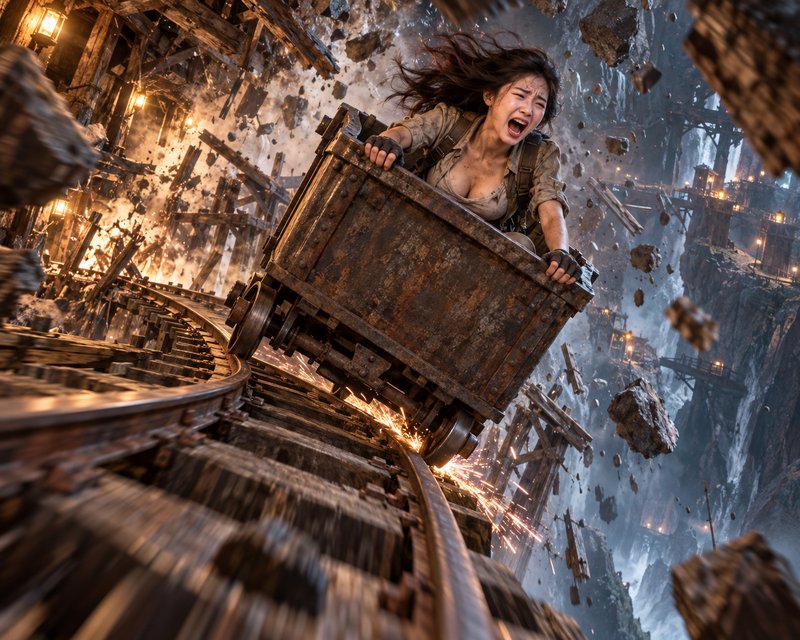 Terrified female explorer clinging to a teetering speeding mine cart during a chaotic underground mine collapse.