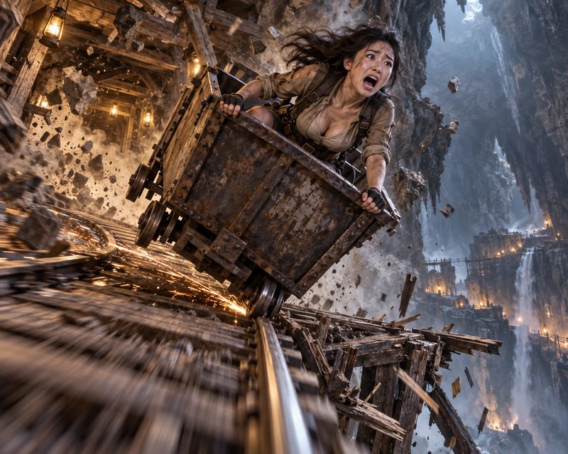 Terrified female adventurer grips a runaway rusted mine cart teetering on collapsing tracks above a rocky cavern chasm.