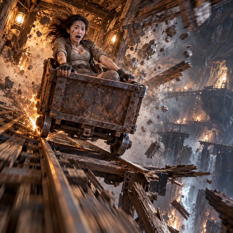 Terrified female explorer clings to a rusty mine cart teetering on collapsing tracks during an underground mine collapse