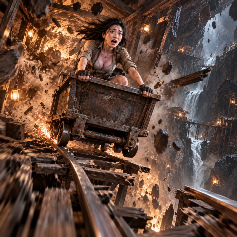 Terrified female adventurer rides a runaway rusted mining cart as a mine track collapses around exploding tunnel debris.