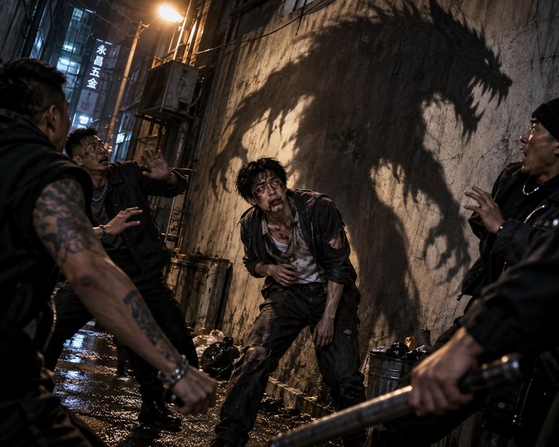 Injured bloodied man in a wet urban alley casts a giant werewolf shadow as gang members retreat in fear