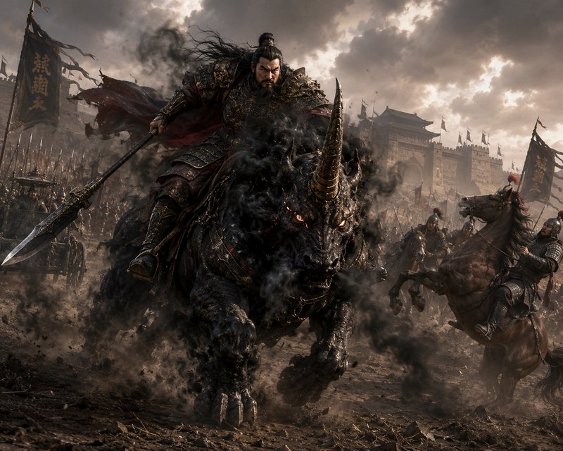 Ancient Chinese general in ornate armor charges atop a dark horned demonic beast into a chaotic fortress siege battle