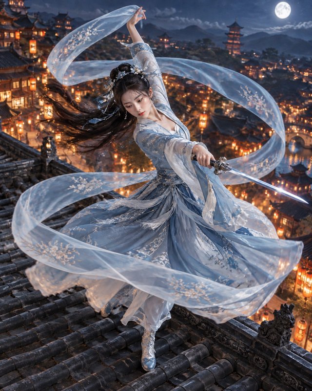 Graceful woman in embroidered blue hanfu performs a sword dance on a rooftop above a lantern-lit ancient city under a full
