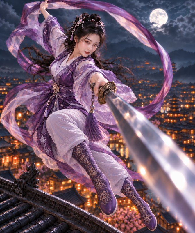 Wuxia female warrior in flowing purple hanfu points a sword from a rooftop above a lantern-lit ancient city under a full moon