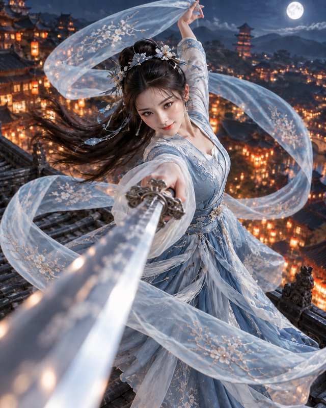 Graceful woman in embroidered blue hanfu points a sword from a rooftop above a lantern-lit ancient city under a full moon