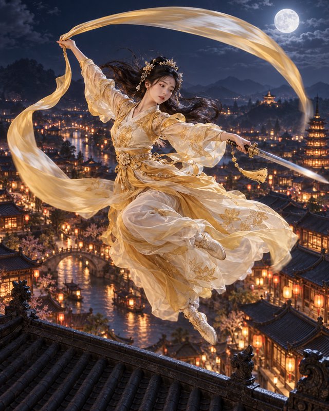Graceful woman in golden embroidered hanfu leaps with a sword above a lit ancient city under a full moon