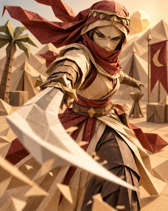 Folded paper origami desert warrior lunges forward holding a scimitar in a sunlit desert camp
