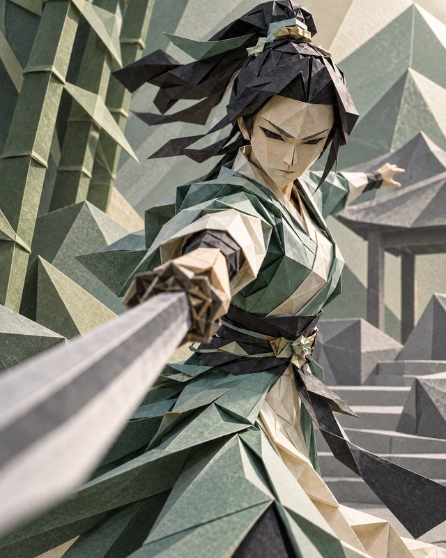 Folded paper origami wuxia swordsman holds a sword in a fighting pose in a geometric bamboo garden