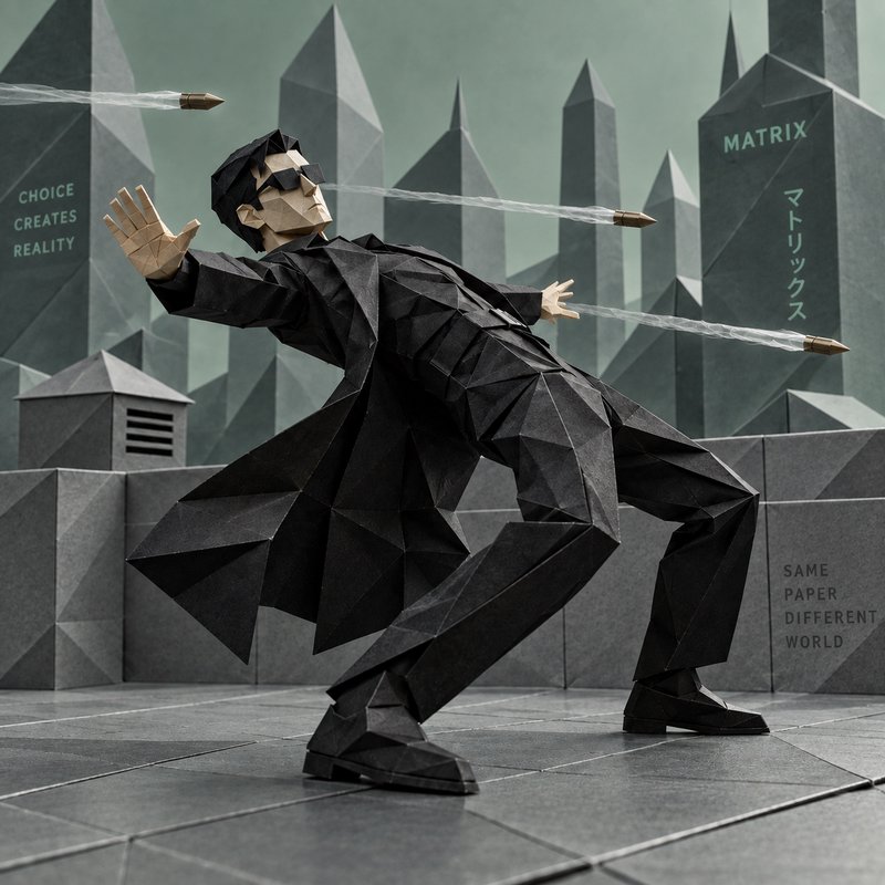Origami Neo from The Matrix leans back to dodge flying bullets in a geometric paper cityscape