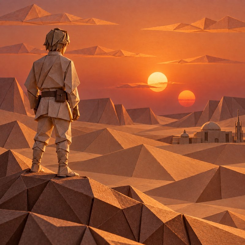 Origami Luke Skywalker overlooks a faceted Tatooine desert during a warm binary sunset