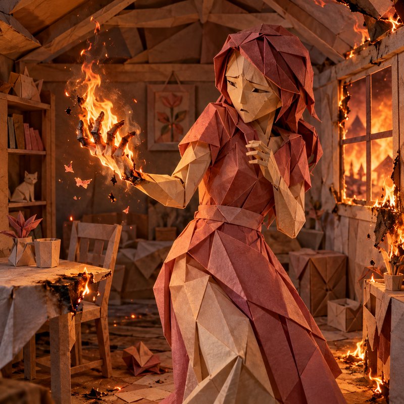Sad origami woman stands in a burning paper cottage, her hand wreathed in glowing flame.