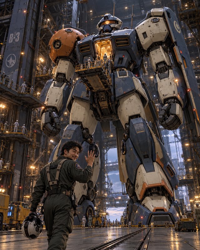 Pilot waves holding his helmet beside a giant gundam-style mech inside a massive industrial hangar