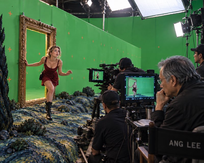 Actress stepping through gilded frame prop on green screen film set while director Ang Lee and cr...