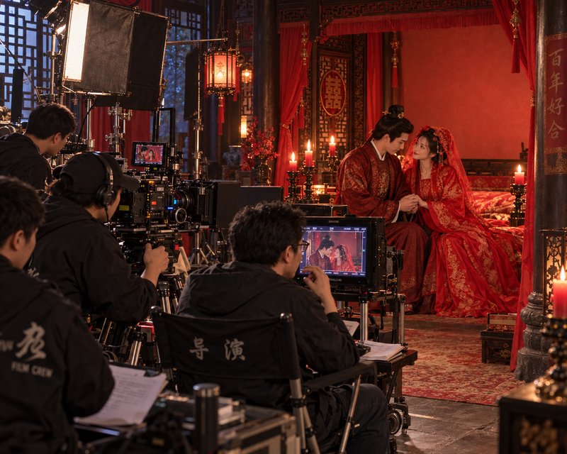 Film crew shooting a historical drama wedding scene with actors in red traditional bridal hanfu