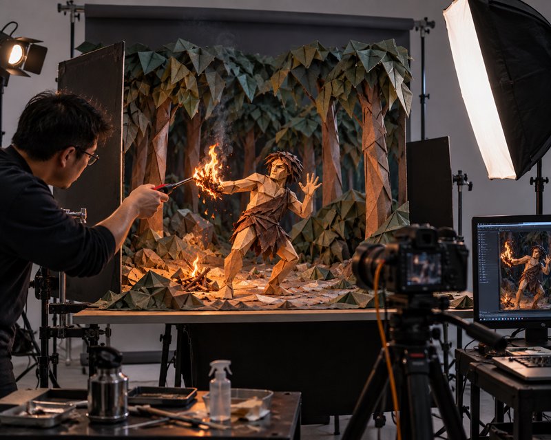 Artist lights a handmade origami caveman diorama with real flames during a studio photoshoot