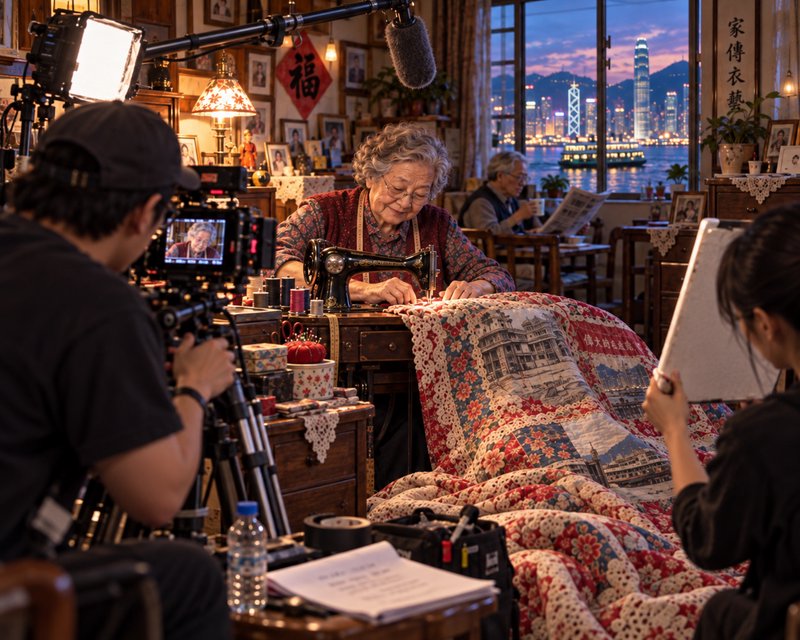 Film crew shoots an elderly seamstress working at a vintage sewing machine in a dusk-lit Hong Kon...