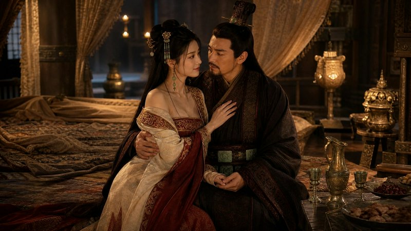Ancient Chinese royal couple in traditional robes share an intimate moment on an ornate palace bed