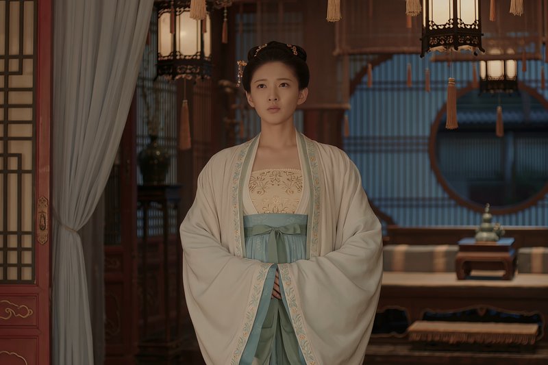 Poised woman in Song dynasty hanfu standing inside an ancient traditionally decorated Chinese pal...