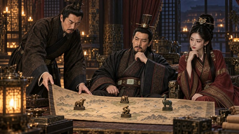 Three ancient Chinese court figures study a strategic scroll map in a candlelit imperial chamber