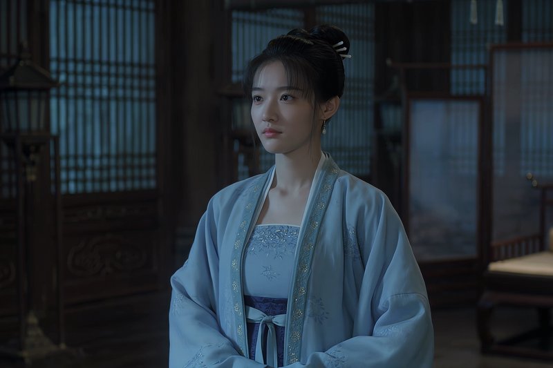 Young woman in embroidered pale blue hanfu standing in a dim traditional Chinese interior