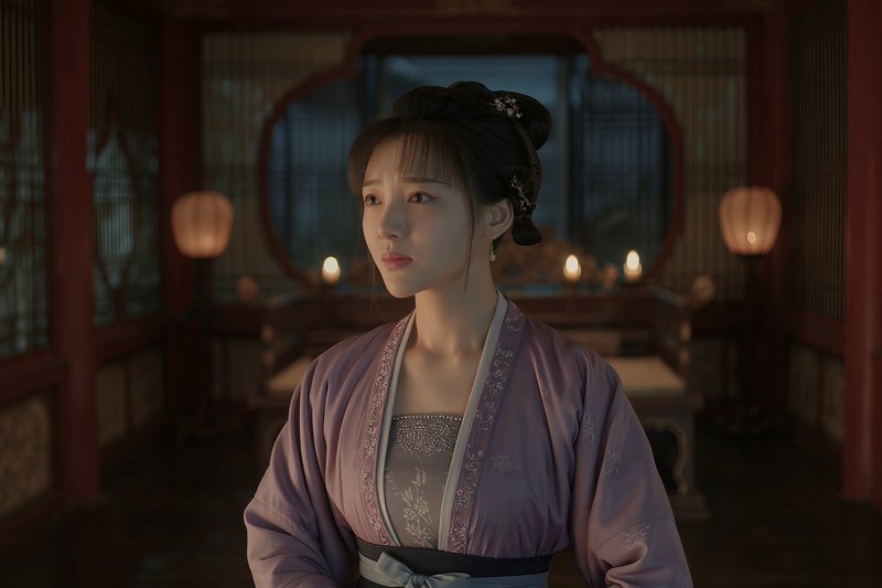 Pensive young woman in Song dynasty hanfu stands in a dim candlelit traditional Chinese interior