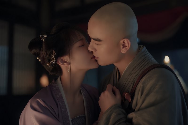 Young woman in traditional hanfu shares a tender kiss with a robed bald monk in a dim lantern-lit room