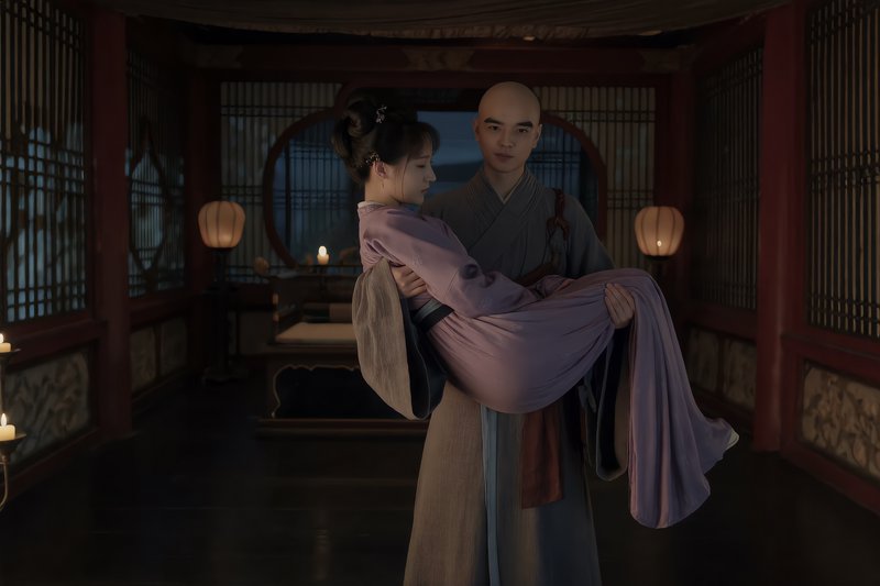 Bald robed monk carries a young woman in purple hanfu inside a dim candlelit traditional Chinese chamber