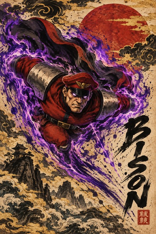 M. Bison from Street Fighter charges forward wreathed in glowing purple psychic energy in a tradi...