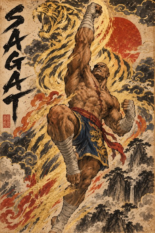 Street Fighter character Sagat performs a tiger uppercut in a traditional ukiyo-e illustration style