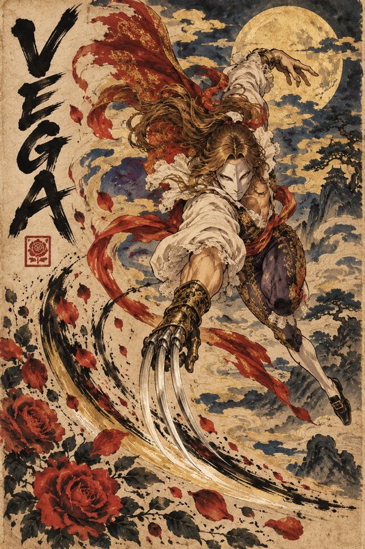 Street Fighter character Vega leaps forward, claw extended, in ukiyo-e style against a glowing fu...