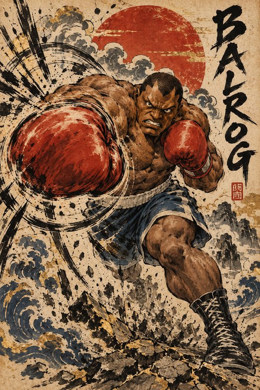 Street Fighter character Balrog throws a powerful punch in traditional Japanese ukiyo-e art style