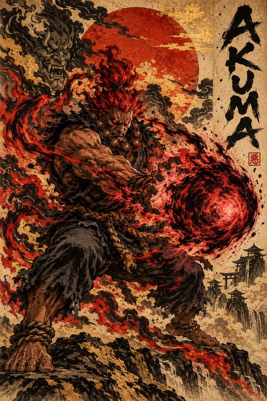 Muscular Akuma channels a glowing red hadouken in a traditional Japanese ukiyo-e illustration