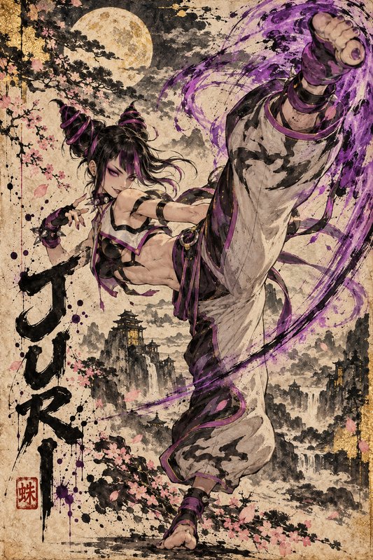 Street Fighter character Juri Han executes a dynamic high kick in traditional sumi-e art style