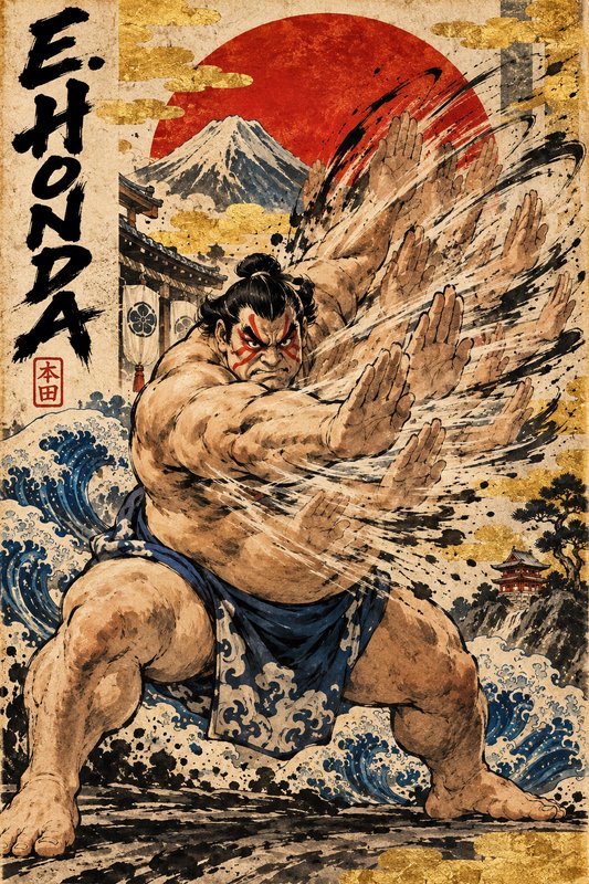 E. Honda performs his Hundred Hand Slap in a traditional Japanese ukiyo-e style illustration