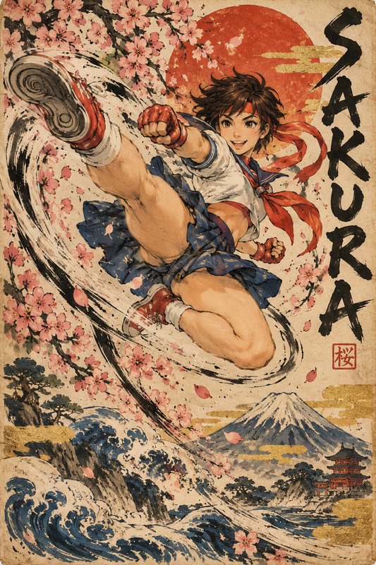 Street Fighter's Sakura Kasugano performs a flying kick against a traditional Japanese ukiyo-e ba...