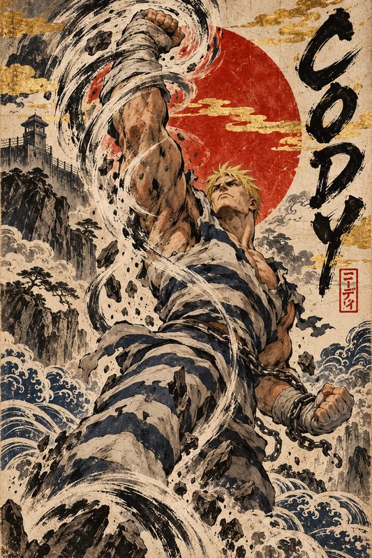 Muscular blonde Street Fighter character Cody unleashes a powerful rising punch in ukiyo-e art style