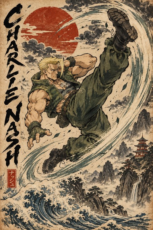 Street Fighter character Charlie Nash performs a dynamic spinning kick in traditional ukiyo-e woo...