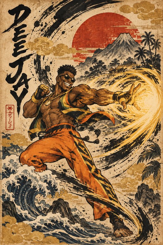Street Fighter's Dee Jay unleashes a wind attack in a traditional ukiyo-e woodblock illustration