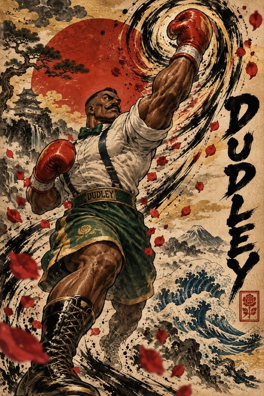 Street Fighter character Dudley throws a punch in a traditional Japanese ukiyo-e art style