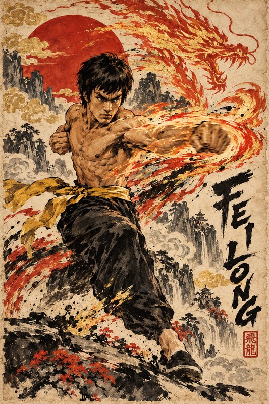 Martial artist Fei Long throws a fiery dragon punch in a vintage East Asian ink wash illustration