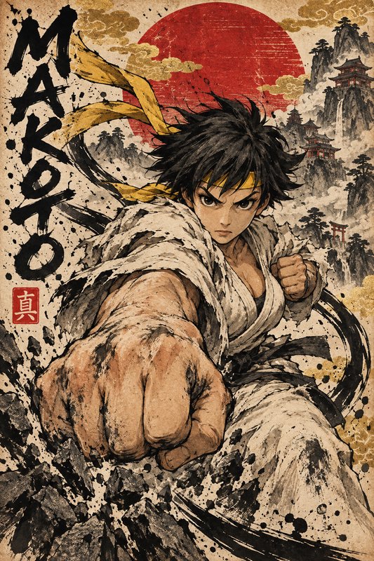 Female martial artist Makoto throws a powerful punch in traditional Japanese ukiyo-e illustration...