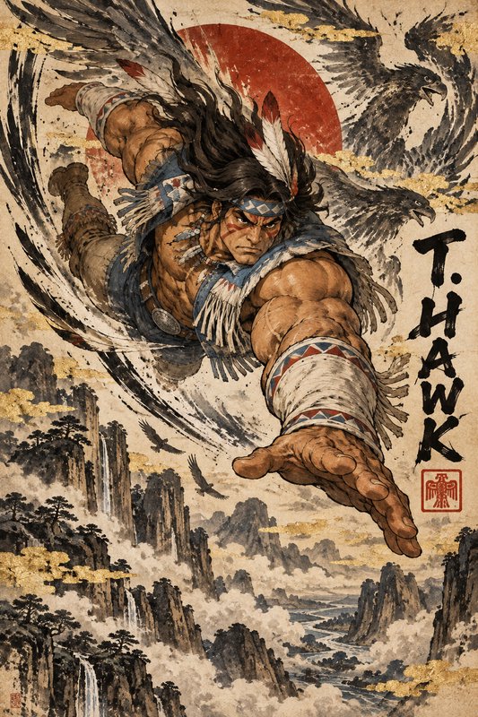 T. Hawk from Street Fighter leaps dynamically forward in a traditional ukiyo-e art style with eag...