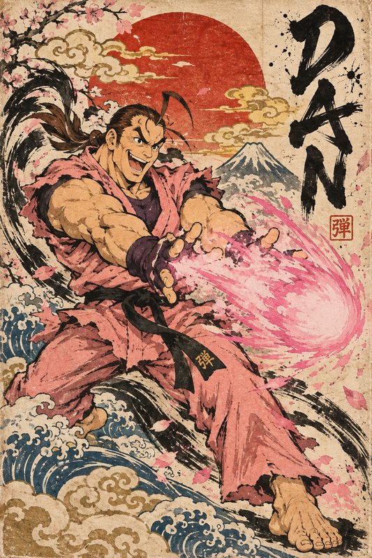 Dan Hibiki from Street Fighter firing a pink ki attack in traditional ukiyo-e Japanese art style