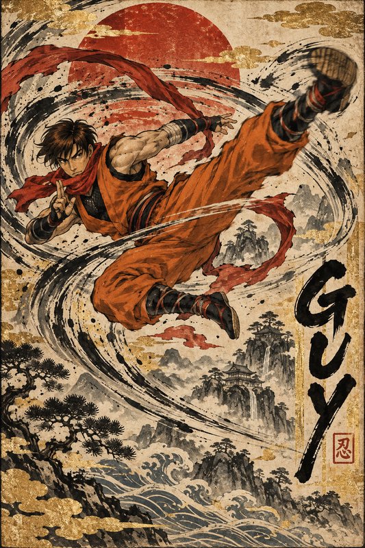 Dynamic ukiyo-e style illustration of shinobi Guy performing a spinning mid-air flying kick