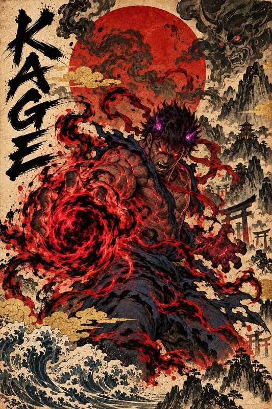 Muscular demonic martial artist channels a swirling crimson energy sphere in traditional ukiyo-e ...