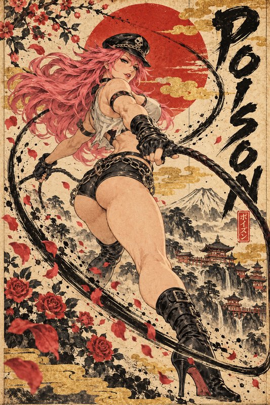 Muscular pink-haired Street Fighter character Poison holding dual whips against a traditional uki...